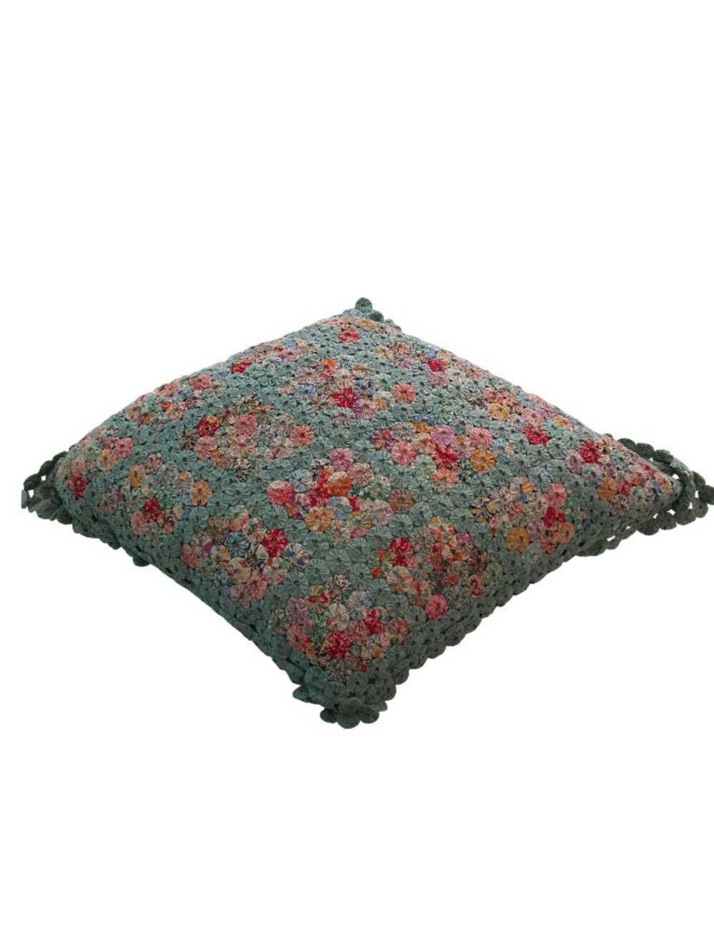 Jadeite Feedsack Tiny Yo Yo Trellis Pattern Diamond Shaped Pillow 1930's
